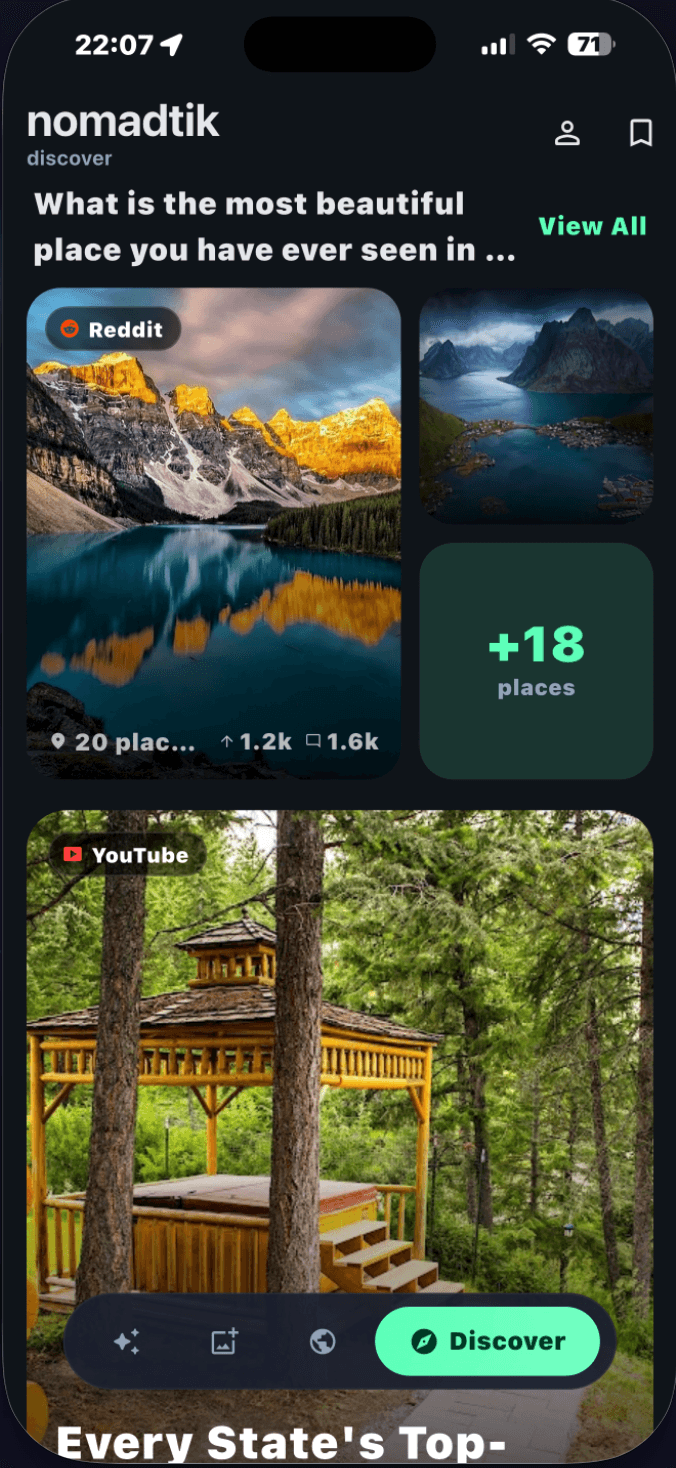 nomadtik Discover feed showing beautiful destinations pulled from Reddit and YouTube